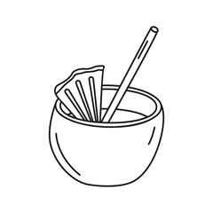 Vector illustration of cocktail in coconut in doodle style. Summer natural drink. Beach holiday concept.
