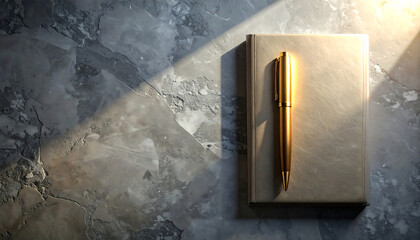A golden pen rests on a closed book, bathed in warm sunlight casting dramatic shadows on a textured surface, evoking a sense of literary creation or personal reflection