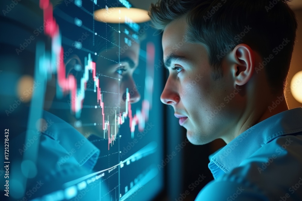 Poster Analyzing a Digital Graph: Close-up of Office Workers with Illuminated Faces by Transparent Screen