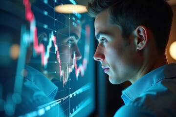 Analyzing a Digital Graph: Close-up of Office Workers with Illuminated Faces by Transparent Screen