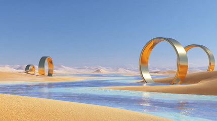 Futuristic abstract desert landscape with golden sand, reflective water, and metallic rings under a bright blue sky