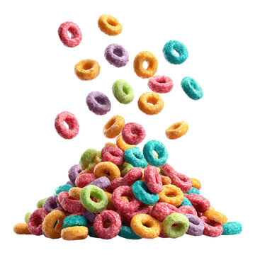 A Pile of Colorful Ring Cereal Breakfast Food Floating in transparent background