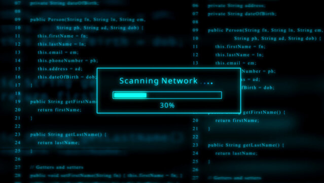 Blue digital interface displaying network scanning progress at 30 percent with code background technology