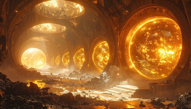 Glowing Golden Spheres in a Mystical Tunnel