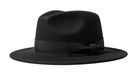 Classic black fedora hat with ribbon isolated on transparent background