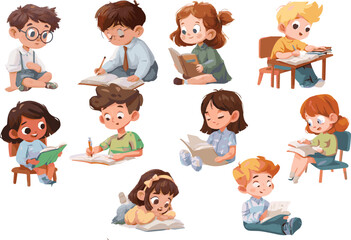 Funny cartoon kids and people illustration set with smiling characters and playful expressions