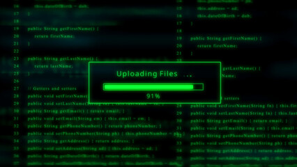 Futuristic computer screen showing programming code and file upload progress at 91 percent technology