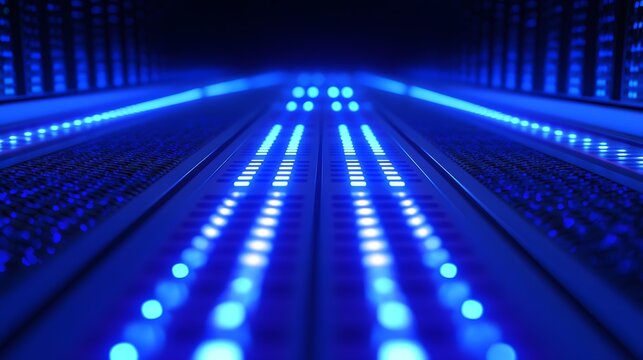 3D render of a blue-lit, linear hallway with repeating, evenly spaced illuminated panels.