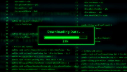 Green progress bar shows downloading data at 83 percent with a background of scrolling code Keywords: computer, code, programming, software, download, data, progress, bar, loading, technology