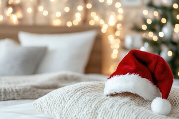 Fototapeta premium Cozy christmas scene with santa hat on bed and festive holiday decorations