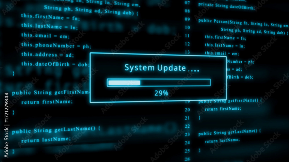 Aufkleber neon blue progress bar shows system update at 29 percent against a backdrop of scrolling code keywor