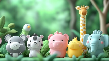 Obraz premium 3D render of cute cartoon animalsâ€”lion, elephant, giraffe, bear, and hippoâ€”set in a green forest scene.