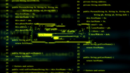 System Firewall Warning on Glitched Yellow Code Background programming computer