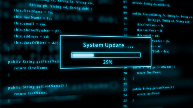 Neon blue progress bar shows system update at 29 percent against a backdrop of scrolling code Keywords: computer, code, programming, software, update, system, progress, bar, loading, download