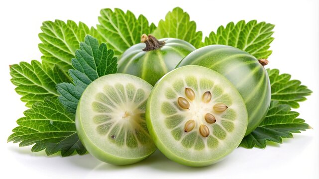 Fresh gooseberries with leaves, one cut in half, on a white background