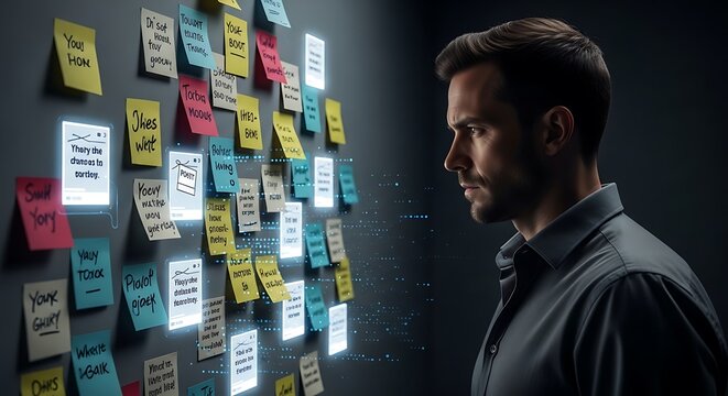 A thoughtful man contemplates a wall covered in colorful sticky notes, each displaying ideas and tasks. Digital overlays suggest a connection between the notes and the man's inner thoughts.