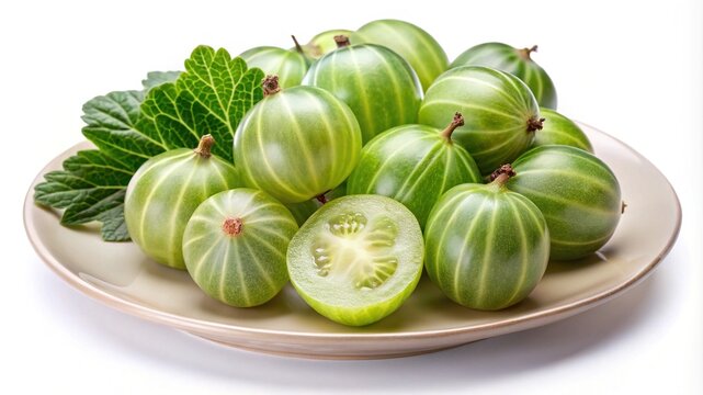 Fresh ripe gooseberries on a plate, with one cut in half to show interior
