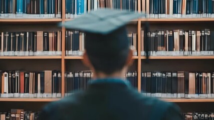 A graduate in cap and gown stands with their back to the camera, looking at rows of books in a library.