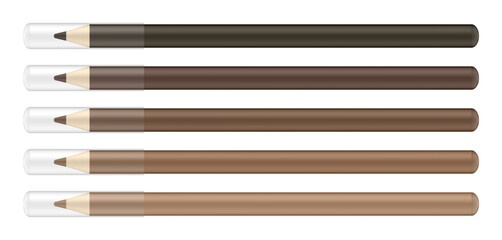 Set of cosmetic pencils, long ond thin wooden brow liners with transparent caps. Shades of brown