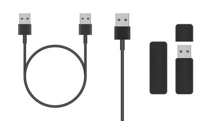 Black USB cables and USB flash drive. USB plug with wire loop