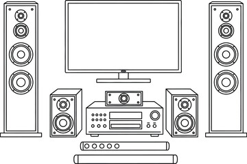 Modern home entertainment system with large screen TV and surround sound speakers