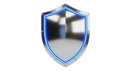 Shiny metal shield with blue neon outline isolated on transparent background