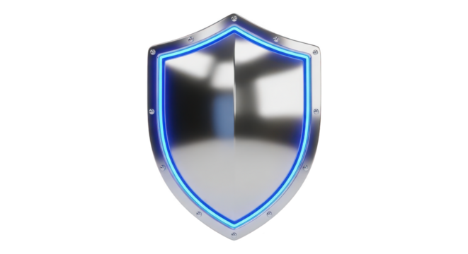 Shiny metal shield with blue neon outline isolated on transparent background - Powered by Adobe