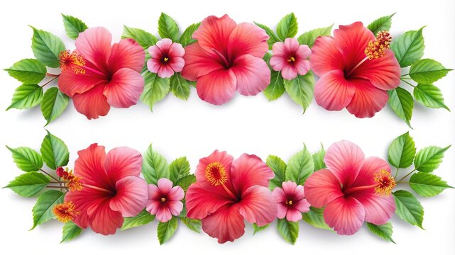 Floral arrangement featuring beautiful red and pink hibiscus flowers and lush green leaves - Powered by Adobe