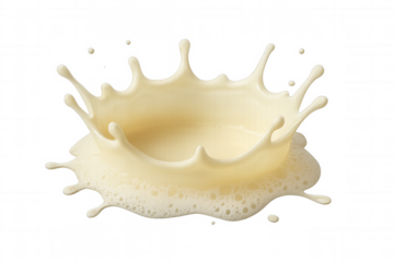Milk splash forming a crown and creating foam. Dynamic liquid pour with drops, set against a transparent background