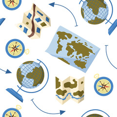 Vector seamless pattern with world map, globe and travel items. Exploration, adventure and journey concept.