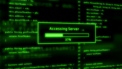 Green glowing computer code with accessing server progress bar Keywords: computer code, programming, coding, software, development, technology, digital, data, programming language, script