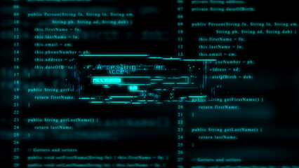 Cyan computer code with glitch effect and accessing server text Keywords: computer code, programming, coding, software, development, technology, digital, data, programming language, script