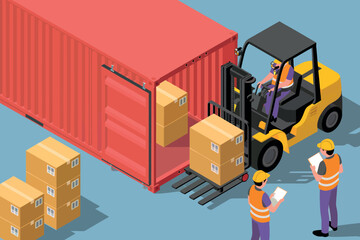 Logistics operation with forklift loading cargo containers and workers overseeing the process in a modern warehouse facility