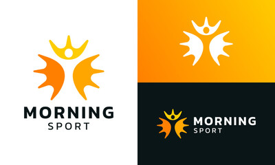 Morning sport logo design. Abstract sun concept vector design with people symbol graphic icon