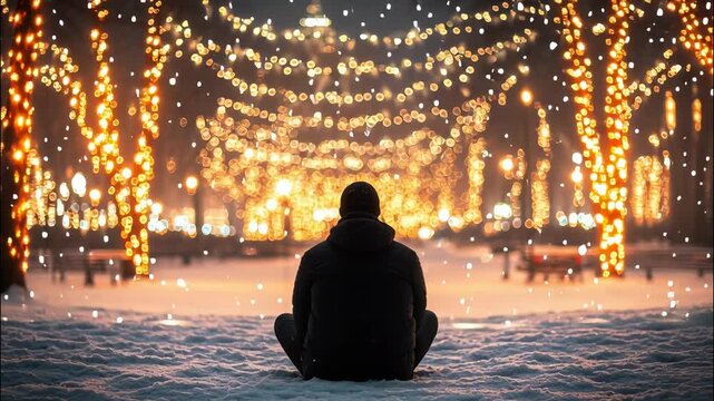 Peaceful male practicing meditation in lotus pose, sitting amid snowy urban parkscape, illuminated by soft christmas lighting during winter quiet evening video 4k
