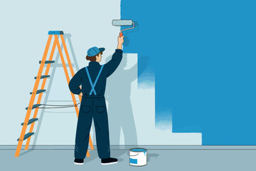 Skilled painter in overalls meticulously applying vibrant blue paint to a wall with a roller and ladder nearby home improvement residential services