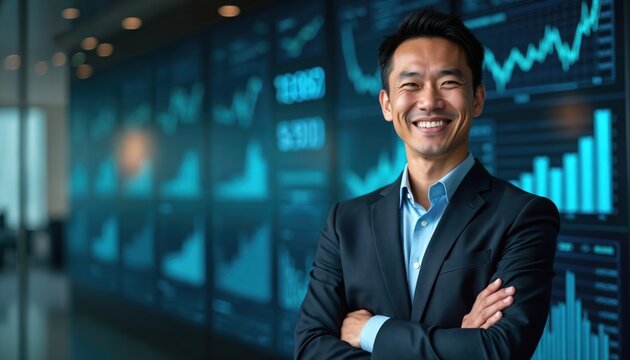 Happy Asian businessman in well-tailored suit. Confident executive against financial charts, data tables, stock market graphs. Smiling, looking directly at camera. Business, finance, trading, success