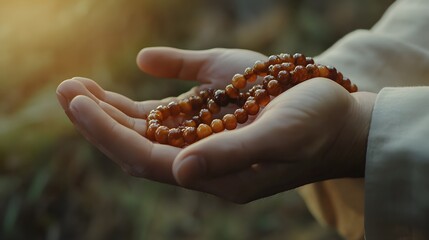 Photograph of hands holding a brown amber bead necklace against a blurred green background.