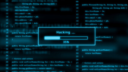 Hacking progress bar at 35 percent on a dark blue digital code background loading computer code
