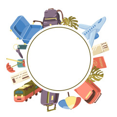 Vector postcard with travel and copy space items. Suitcase and backpack, plane and train, ticket and passport images.