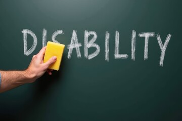 Man's Hand Erasing 'Disability' From Blackboard, Revealing 'Ability'
