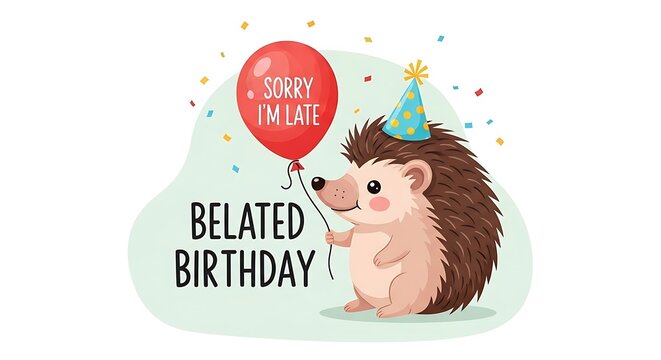 A cheerful hedgehog, wearing a party hat and holding a red balloon, delivers a belated birthday message.