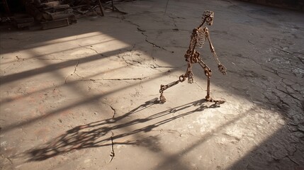 A skeletal human form constructed from various sizes of welded iron rods and scrap metal. The figure is posed in a walking motion, casting a long shadow on a cracked concrete floor.