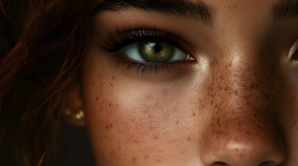 Fototapeta premium Close-up photograph of a young womanâ€™s face, highlighted by a striking green eye and freckled skin.