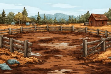 Pigsty with wooden fencing and muddy ground suits agricultural banners farm equipment and livestock presentations