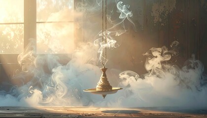 Golden Incense Burner Hanging in Sunlit Room