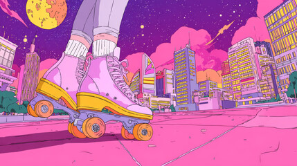 Panoramic pink retro roller skating background with vibrant pop art style