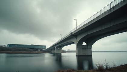 Concrete bridge spans wide river under overcast sky. Modern architectural structure includes road and railings. Building with glass facade visible on distant bank. Water reflects bridge arches.