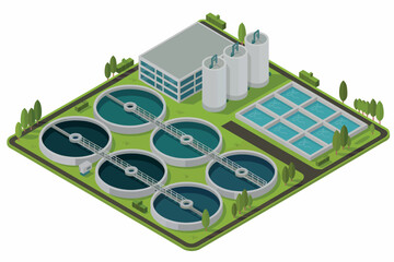 Modern water treatment plant facility featuring circular settling tanks solar panels and industrial buildings for clean water production and wastewater management