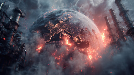 A dark and powerful, glowing, burning earth surrounded by industrial smokestacks and dark, polluted clouds. This dramatic image symbolizes climate change, pollution, and a global environmental crisis